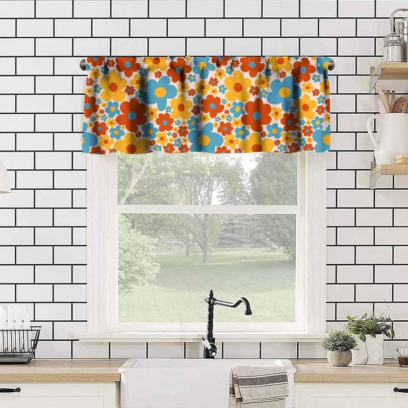 JanJCurt Vintage Daisy Flowers Valance, Abstract Retro 70s Hippie Groovy Blue Orange Red Daisy Floral Print Blackout Short Window Curtain Valance for Kids Bedroom Living Room, 54x18inch - Image 4